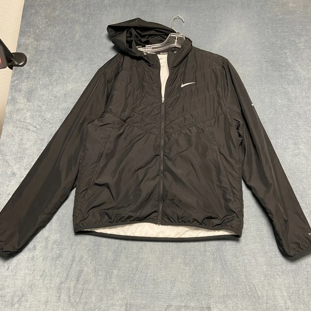 Nike Running Jacket Mens Large Black Hooded Long Sleeve Full Zip Therma Fit